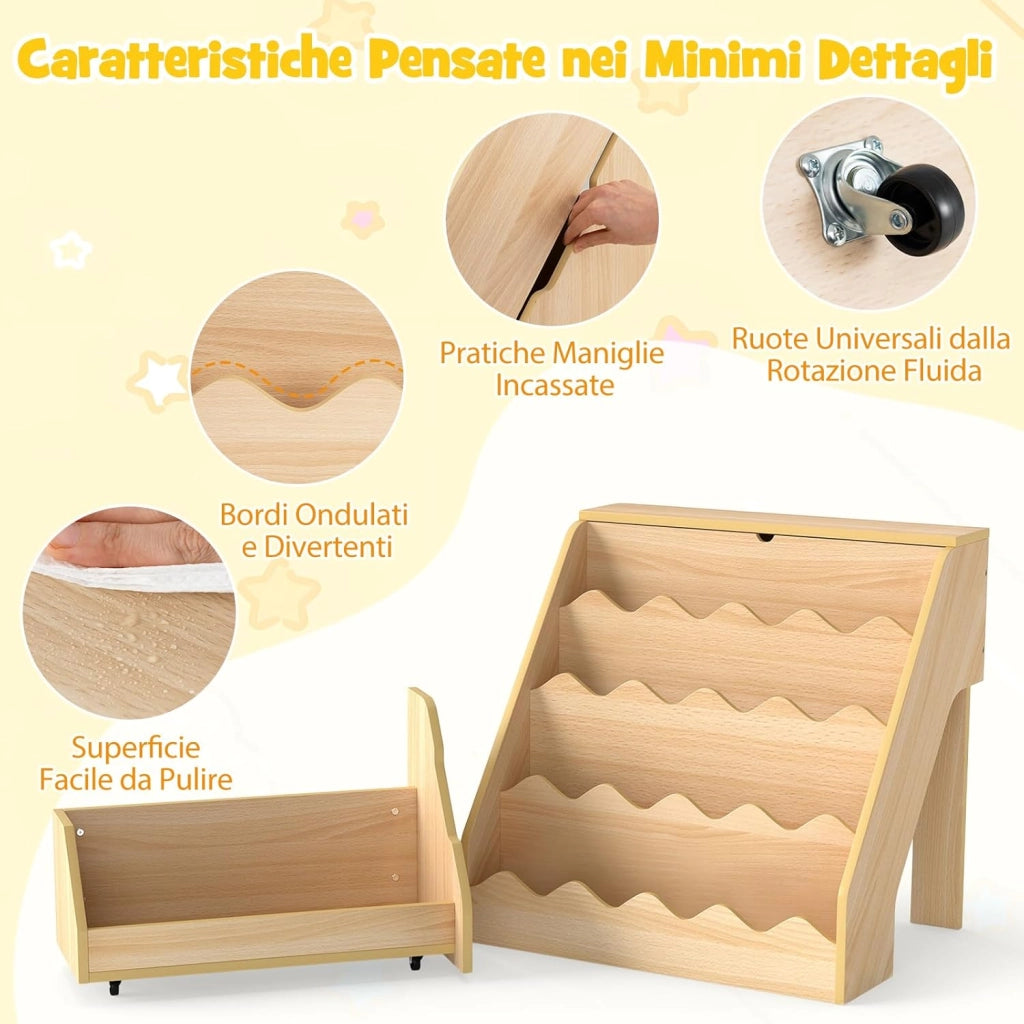Libreria Montessoriana per Bambini 2in1, Scaffale per Libri a 4 Livelli con Carrello Portagiochi, Vano con Coperchio Ribaltabile, per Cameretta e Stanza dei Giochi, 63x49x61,5 cm (Naturale)