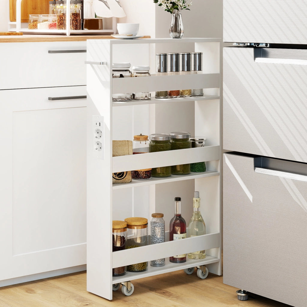 Carrello da cucina 4 ripiani con stazione di ricarica maniglia e parapetti, Carrello stretto a sfilo con ruote bloccabili per cucina lavanderia Bianco