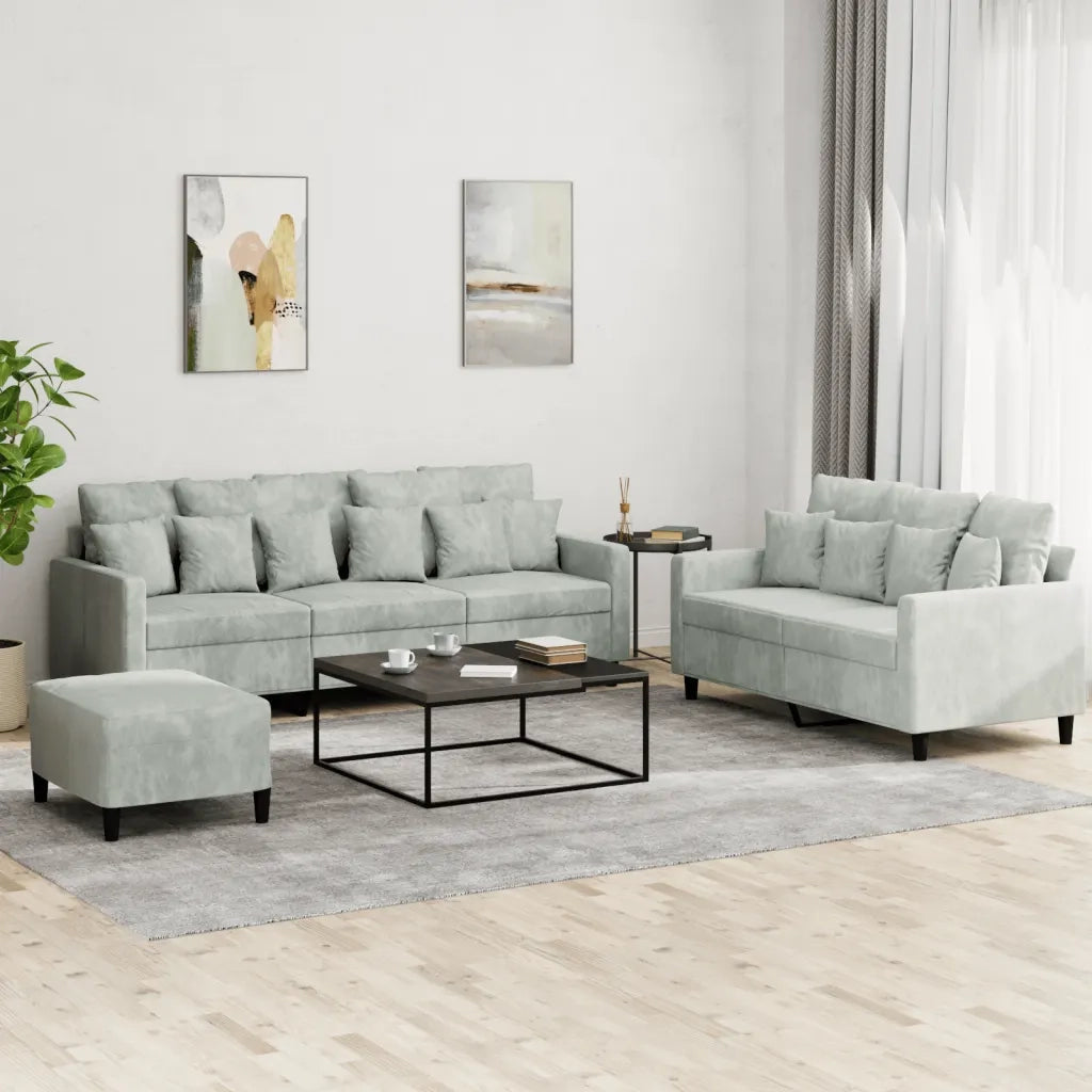 Set di Divani 3 pz con Cuscini Grigio Chiaro in Velluto