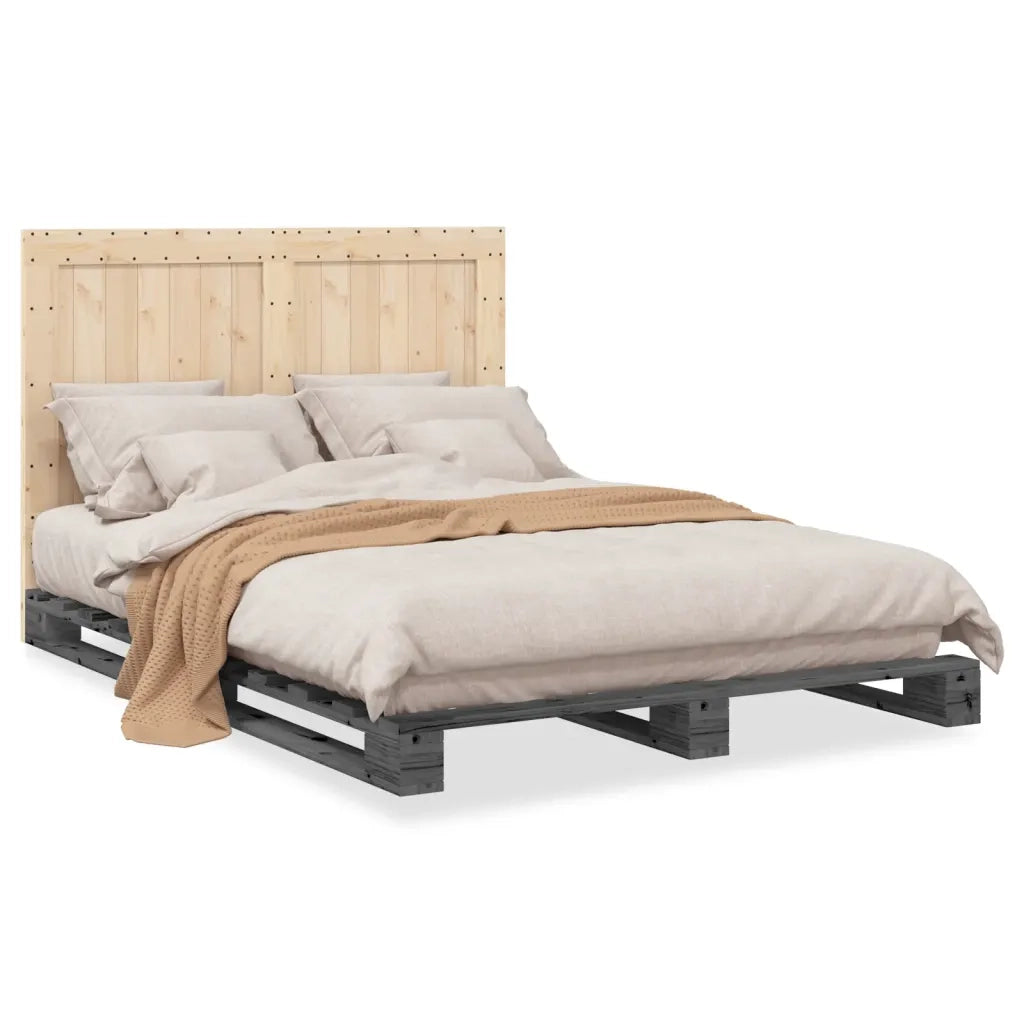 Letto matrimoniale | Letto per adulti | Giroletto con Testiera Grigio 140x200 cm Legno Massello di Pino