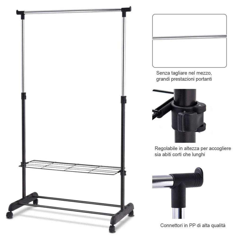 Appendiabiti da Terra Multiuso, Stand Appendiabiti in Acciaio, Porta Abiti con Ruote, Attaccapanni Estensibile, 84 x 42 x 92-168 cm, Nero