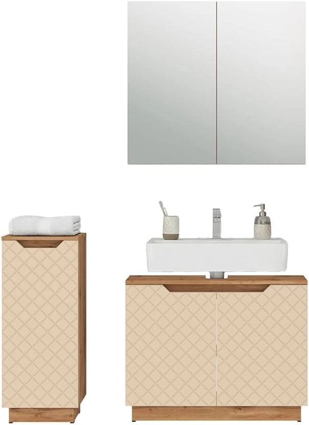 Set di mobili da bagno Lotta, Rovere/cashmere con struttura in piastrelle, 3 parti