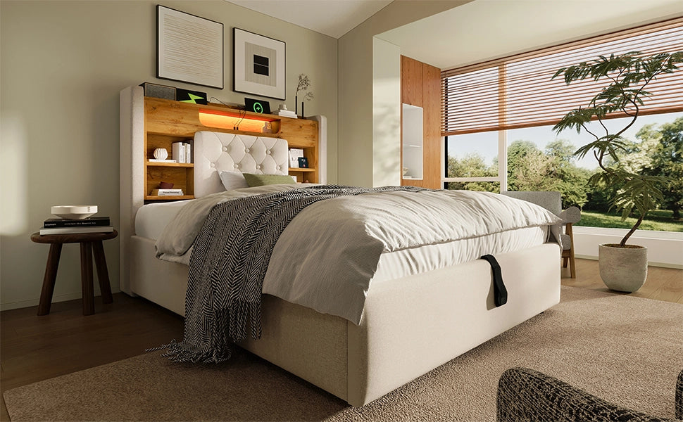 Letto contenitore 90 × 200 cm con illuminazione LED, USB e Type-C, testiera con ripiani, senza materasso, beige