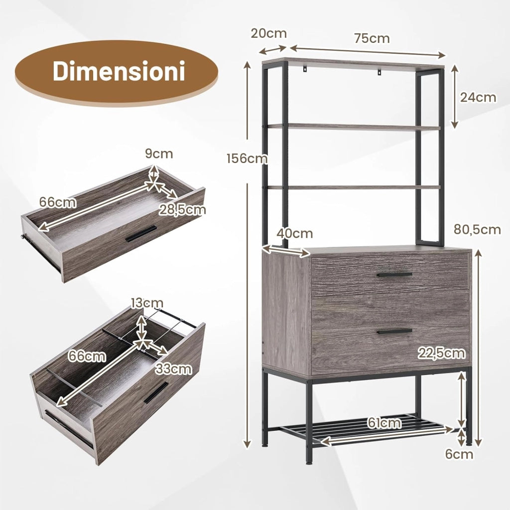 Scaffale Porta Stampante, Suppoto per Stampante in Legno con 4 Ripiani e 2 Cassetti, per Soggiorno, Ufficio e Studio, 75 x 40 x 156 cm (Grigio)