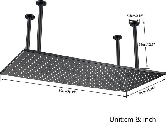 Douchekop a LED con Design Matte Nero - Regendouchekop - Douchekop 40x80cm - Gemontaggio Plafond - Douchekop Grande Dimensione - Opzione di Illuminazione a LED - Progetto Lussuoso per la Stanza da Bagno
