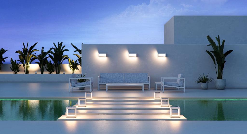 Applique LED da esterno Blis Rectangular 24W con tecnologia Switch CCT 2700K 3200K 4000K, fascio luce 180 gradi, finitura bianco opaco, design moderno