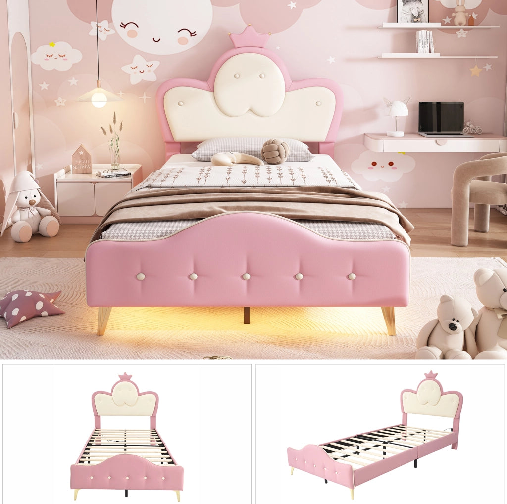 Letto singolo per bambini 90x200 in PU rosa e bianco， corona， LED， senza materasso