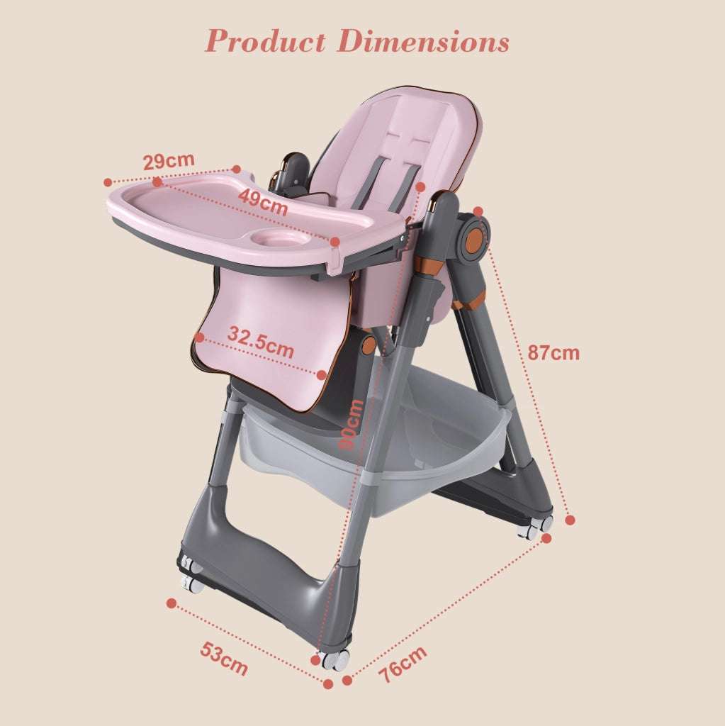 Seggiolone pappa pieghevole regolabile per bambini 6 mesi-6 anni; rosa