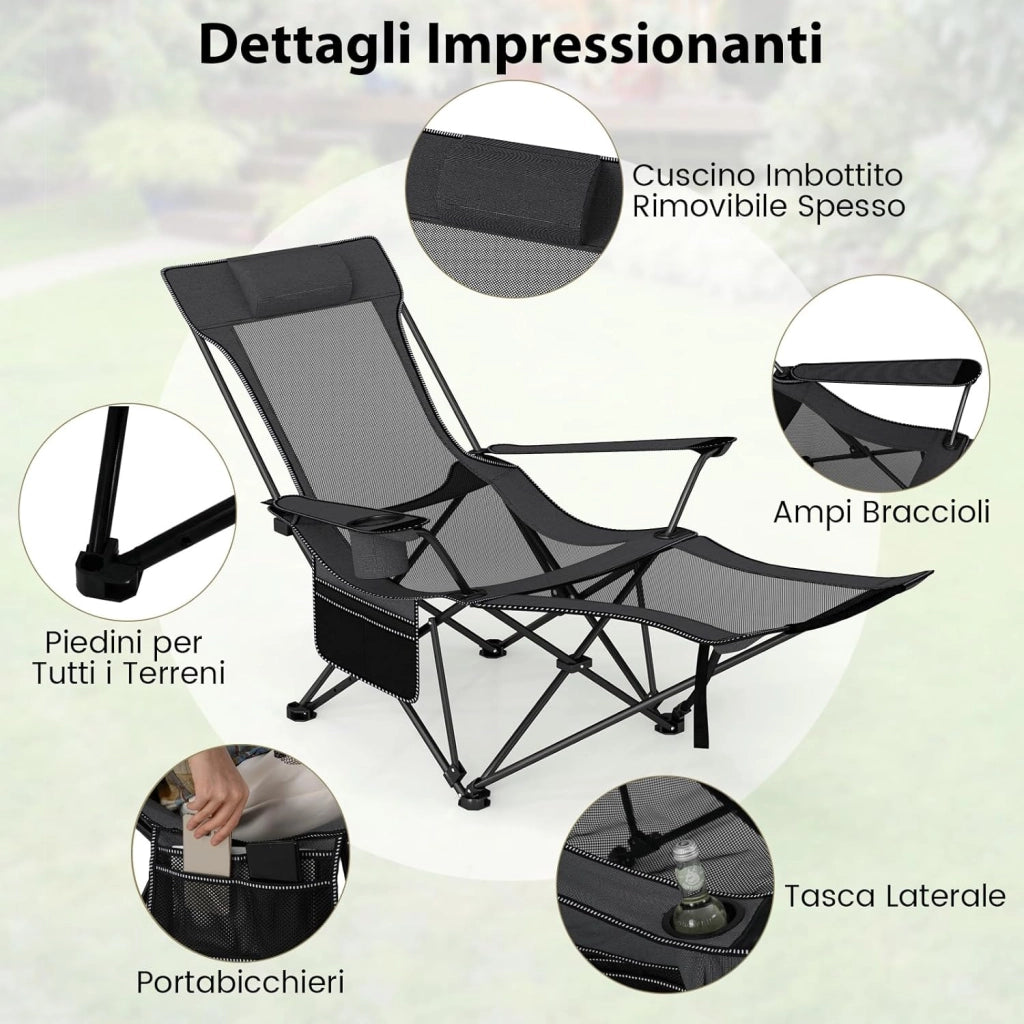 Sedia da Campeggio con Poggiapiedi Rimovibile, Poltrona Pieghevole con Schinale Reclinabile, Braccioli e Portabicchieri, Portata 150 kg, Sdraio in Testtuto Oxford per Giardino Spiaggia(Grigio)