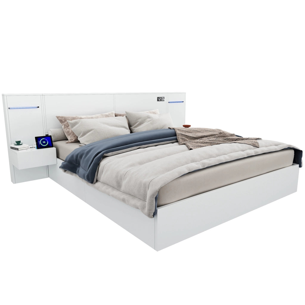 Letto matrimoniale 160x200 cm in MDF bianco con USB; Bluetooth; orologio e luci LED