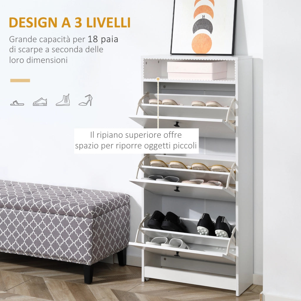 Scarpiera 3 Cassetti e Ripiano Portaoggetti ¨C Minimal ¨C Legno Truciolato Bianco 60x24x132cm