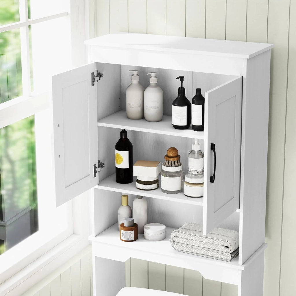 Mobiletto da Bagno sopra il WC, Mobile da Bagno Autoportante Alto 168 cm con 2 Ante e Ripiano Regolabile, Armadietto Salvaspazio sopra la Toilette per Lavanderia, 63 x 24 x 168 cm