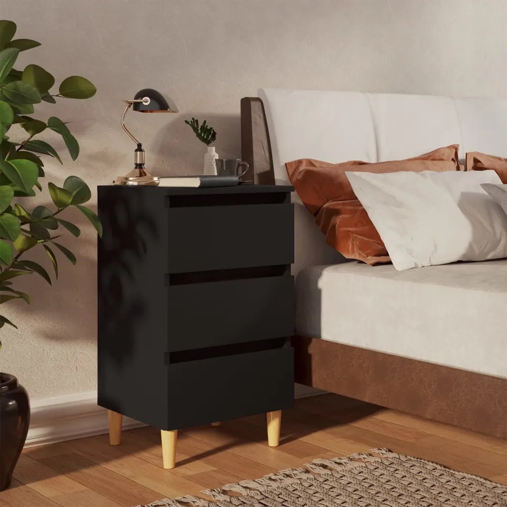 Comodino | Armadio da Notte | Mobiletto da notte con Gambe in Legno Massello Nero 40x35x69 cm