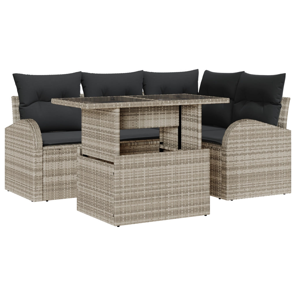 Set Divano da Giardino 5 Pezzi con Cuscini Grigio Chiaro Polyrattan
