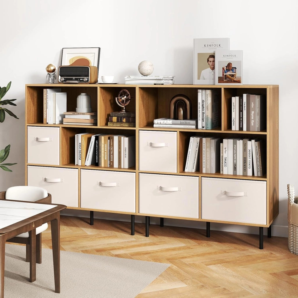 Libreria a 6 cubi, 3 ripiani, con 3 cesti in tessuto pieghevoli rimovibili e 2 protezioni antiribaltamento, libreria autoportante per casa e ufficio, 90 x 40 x 105 cm
