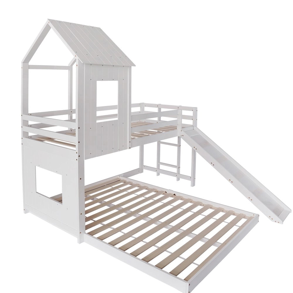 Letto a Castello con Scivolo e Tetto ¨C MINIMAL ¨C Pino/MDF, Bianco, 90x200 / 140x200
