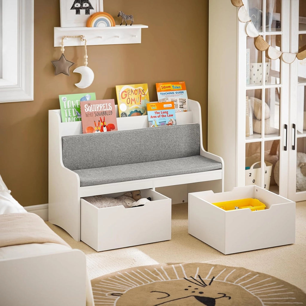 Panca per Bambini con Ruote Libreria con Scatola Portaoggetti Panca per Scarpe con Cuscino Sedile Bianco 100x45x70cm KMB66-W