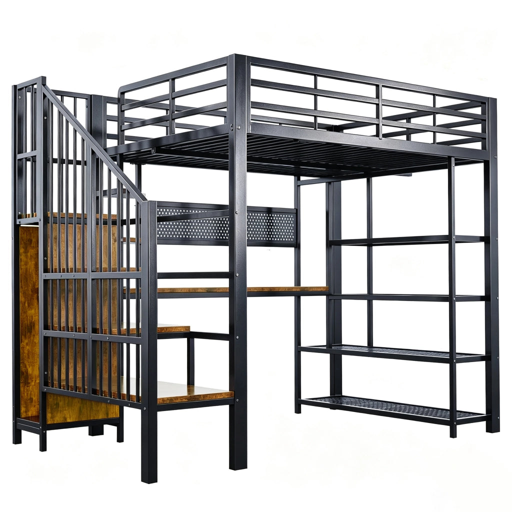 LETTO A SOPPALCO 140x200 cm Nero in metallo e legno con scala contenitore
