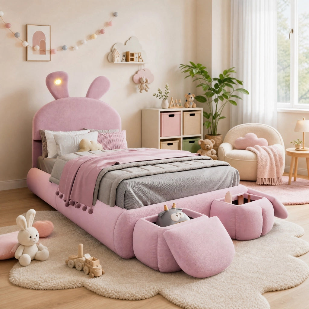 Letto singolo imbottito rosa con LED e 2 pouf, 90x200 cm