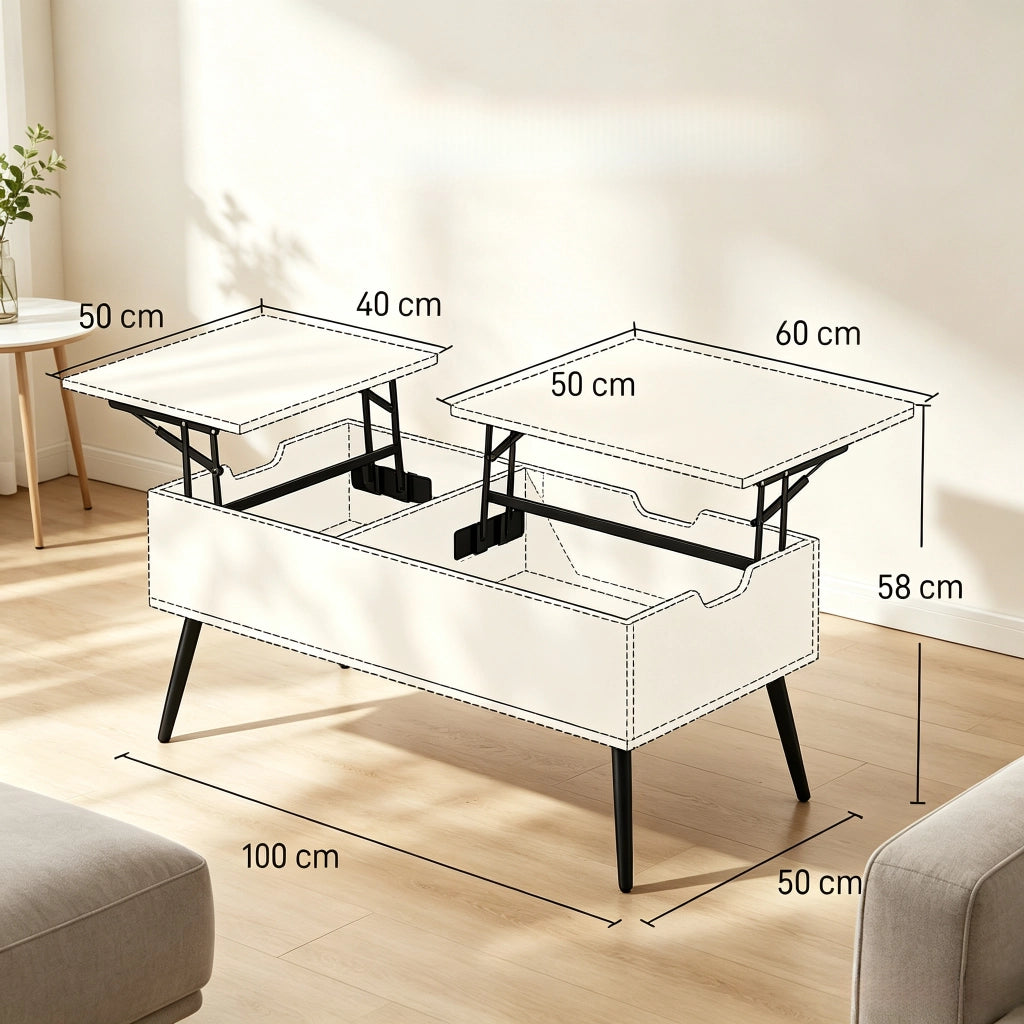 Tavolino basso sollevabile con 2 vani nascosti, per soggiorno e ufficio, nero ed effetto legno, 100 × 50 × 43,6 cm