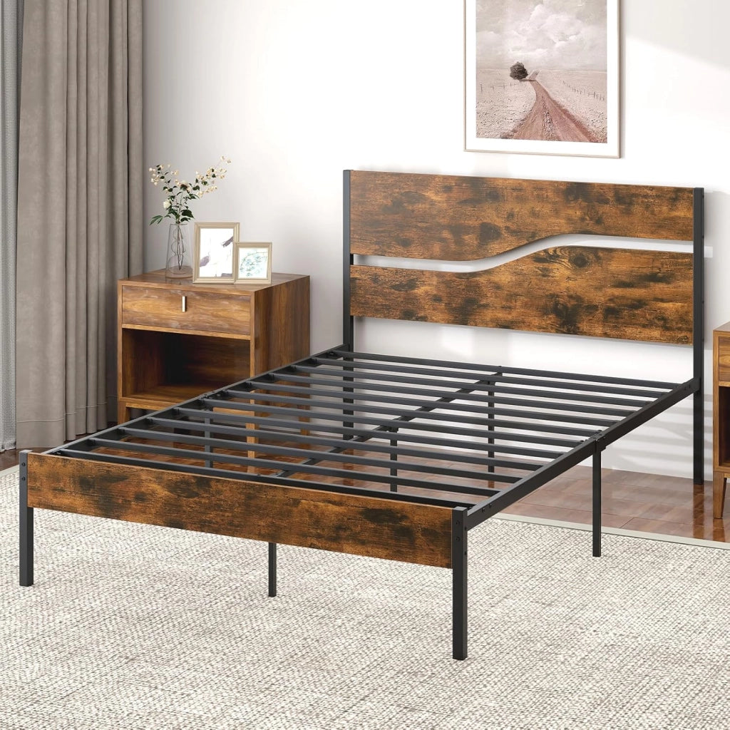 Letto Matrimoniale 140 x 200 cm, Struttura Letto in Metallo Industriale con Testiera e Pediera in Legno, Silenzioso, Carico Massimo 360 kg