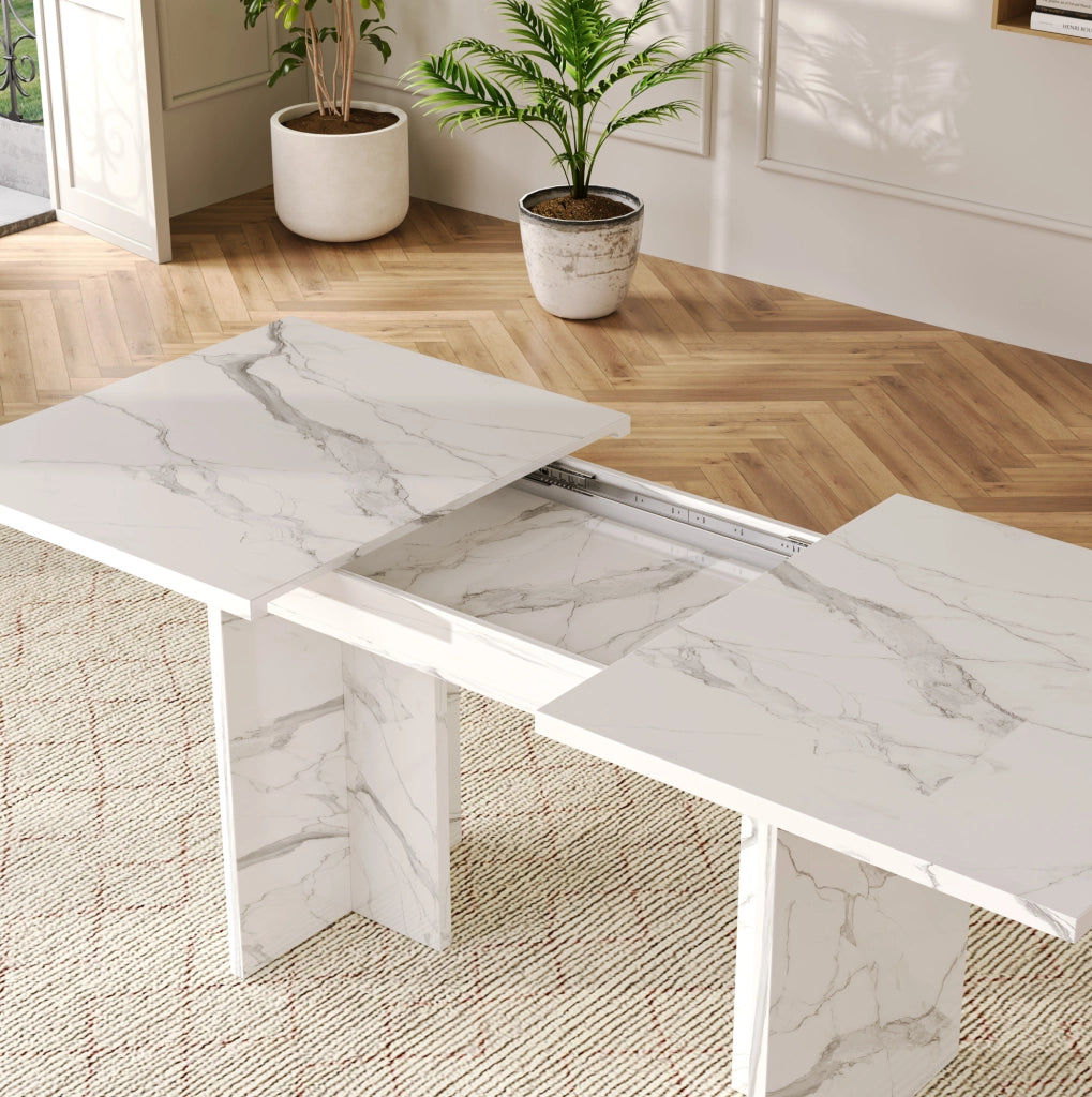 Tavolo da pranzo allungabile 140-180 cm; per 6-8 persone; MDF effetto marmo bianco