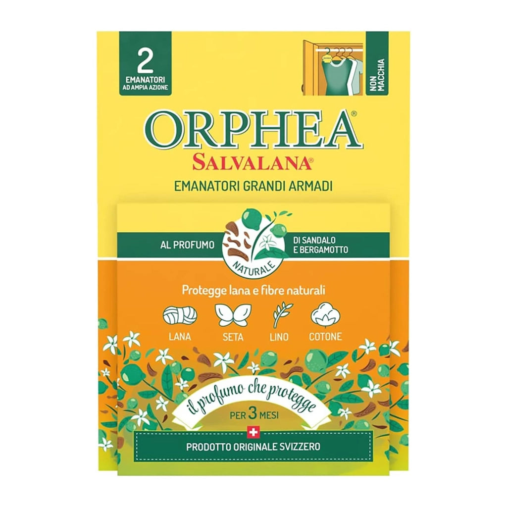 Emanatori Grandi Armadi, Protegge Lana e Vestiti, Agisce x 3 Mesi, 2 Diffusori, Sandalo e Bergamotto,Orphea Salvalana