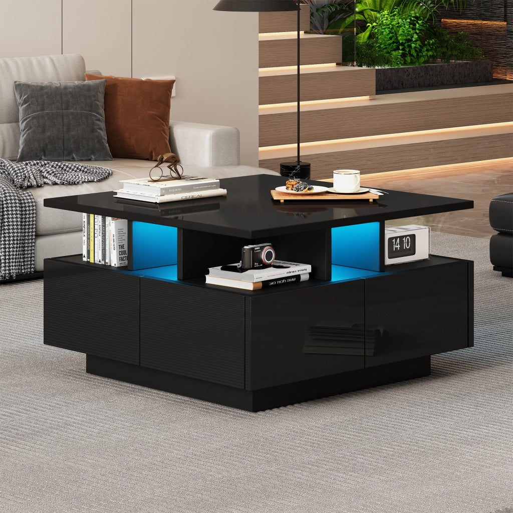 TAVOLINO da salotto 70x70x40 cm nero lucido con LED e 4 cassetti