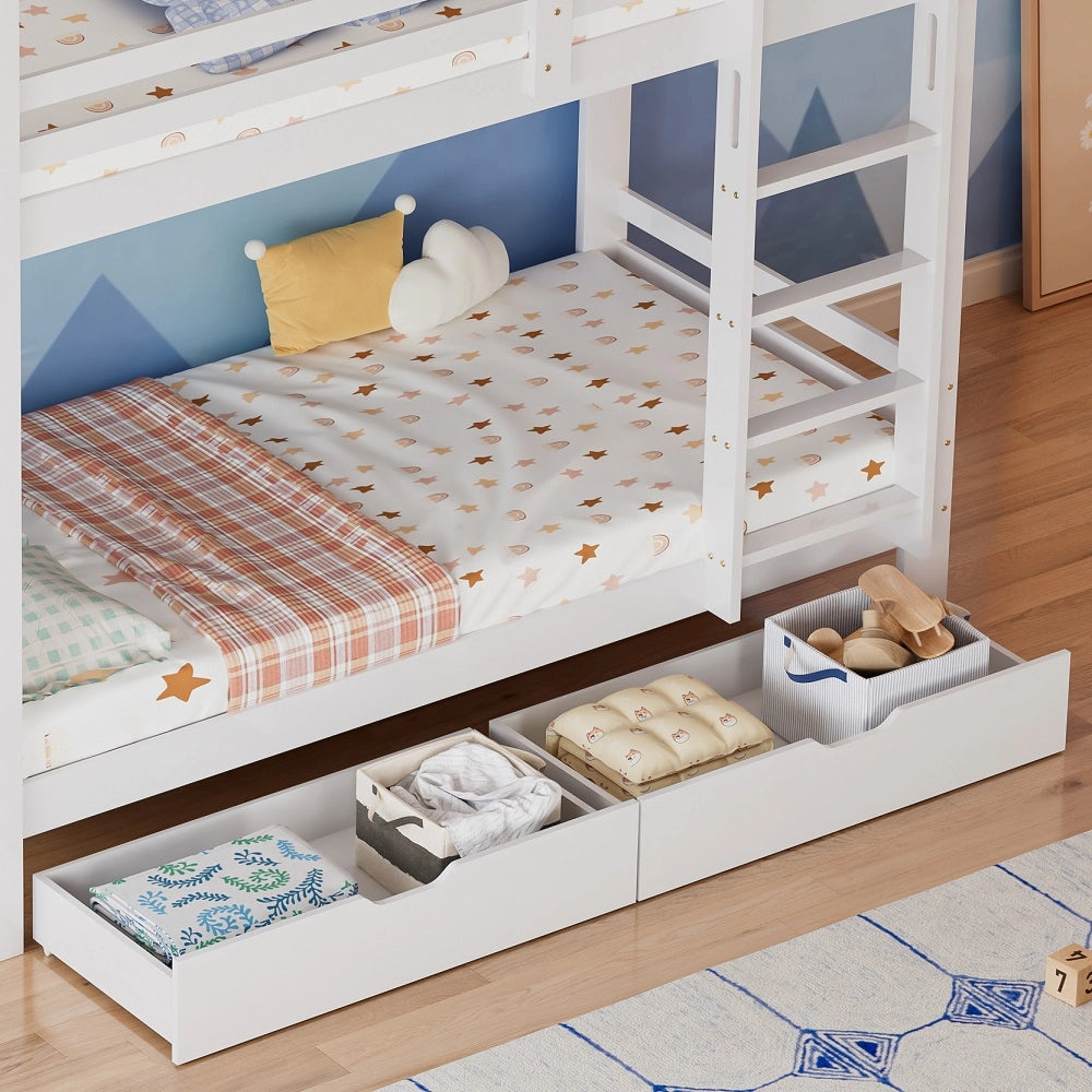 Letto a castello con cassetti - Xylo - 90x200 cm - Bianco - Scala rettangolare con 3 gradini e protezione