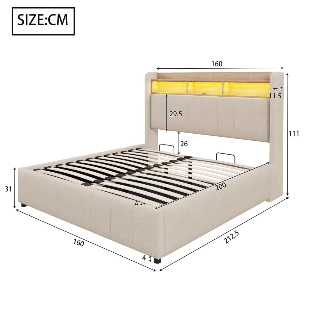 Letto matrimoniale imbottito 160x200 cm in tessuto effetto lino beige con LED; USB e contenitore
