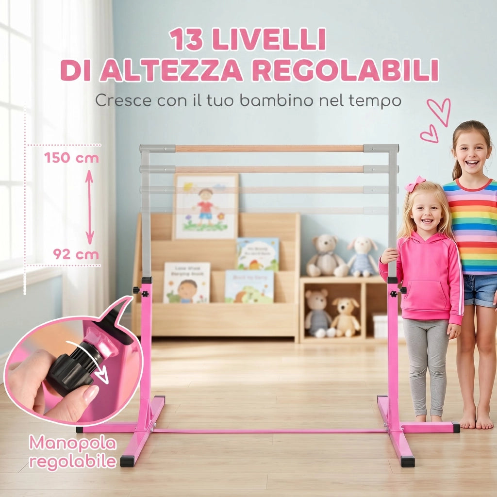 Barra da Ginnastica Artistica per Bambini 3+ Anni con Altezza Regolabile 92-150 cm. in Acciaio e Legno Massello di Faggio. Sbarra Orizzontali Danza Attrezzatura Palestra Antiscivolo. Rosa
