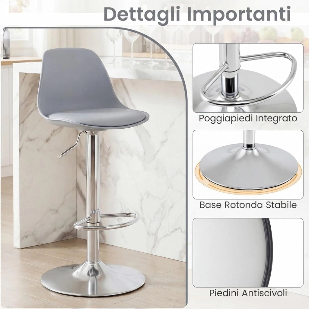 Set da 2 Sgabelli da Bar, Sedie da Banco alte Rivestite in Ecopelle con Schienale, Sedili Imbottiti e Poggiapiedi, Sgabelli Girevoli Regolabili per Bar Domestici e Isole Cucina (Grigio)