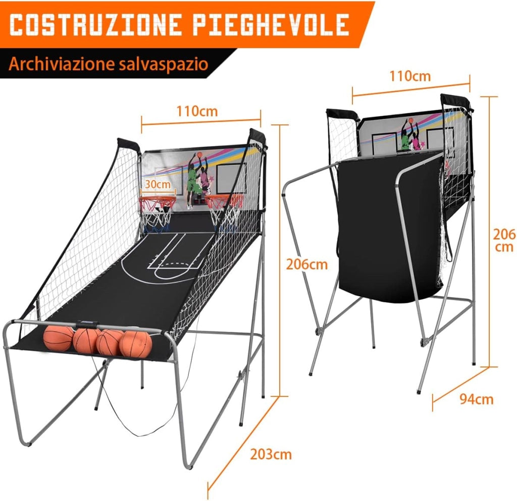 Macchina da Pallacanestro Elettronica, Canestro Basket da Camera a Doppio Tiro Pieghevole con Punteggio Elettronico, 4 Palle, 8 Modalità di Gioco e 2 Canestri (Grigio)