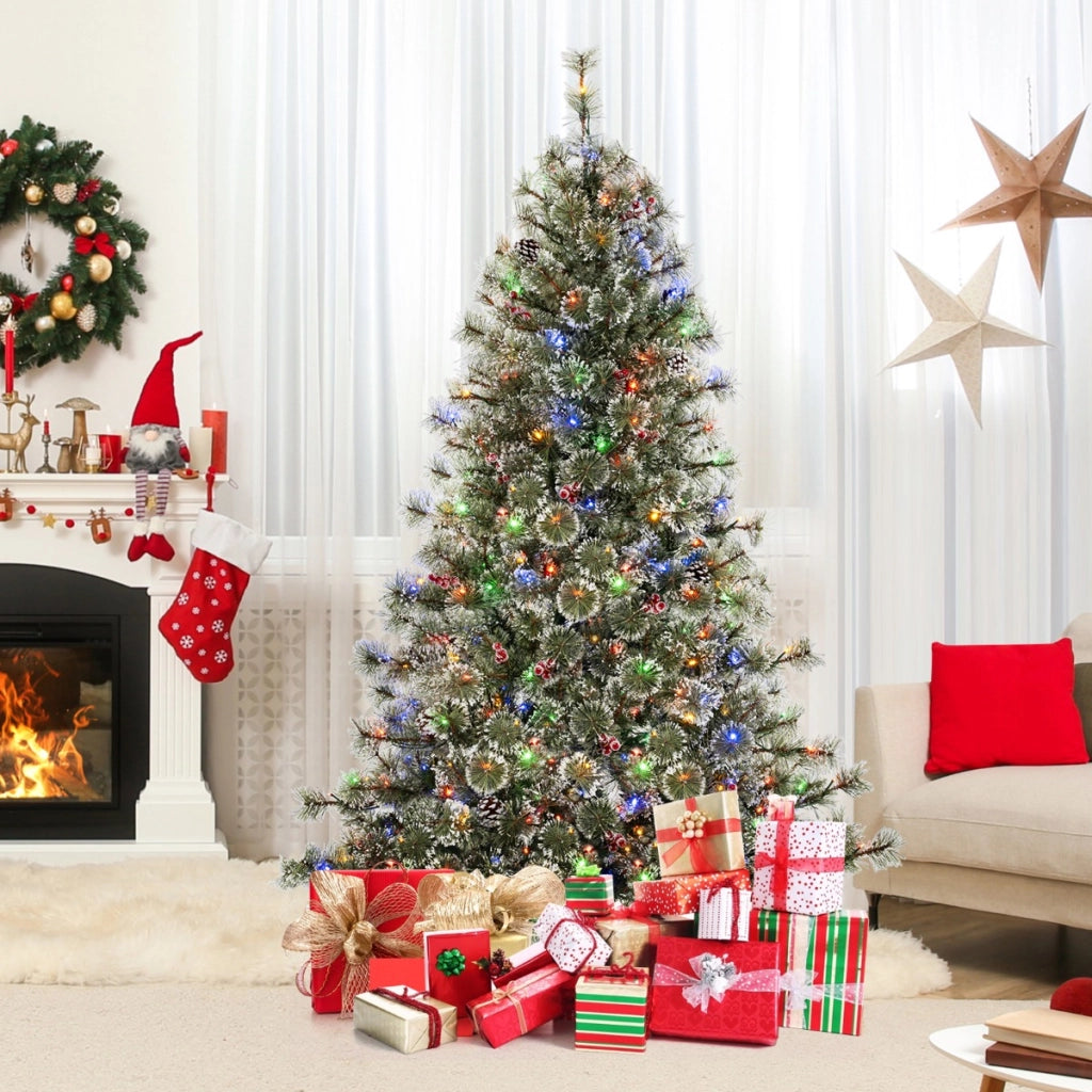 Albero di Natale artificiale con punte di pino e setole in PVC luci LED multicolore, Albero festivo pre-illuminato 180CM-Alberi di Natale