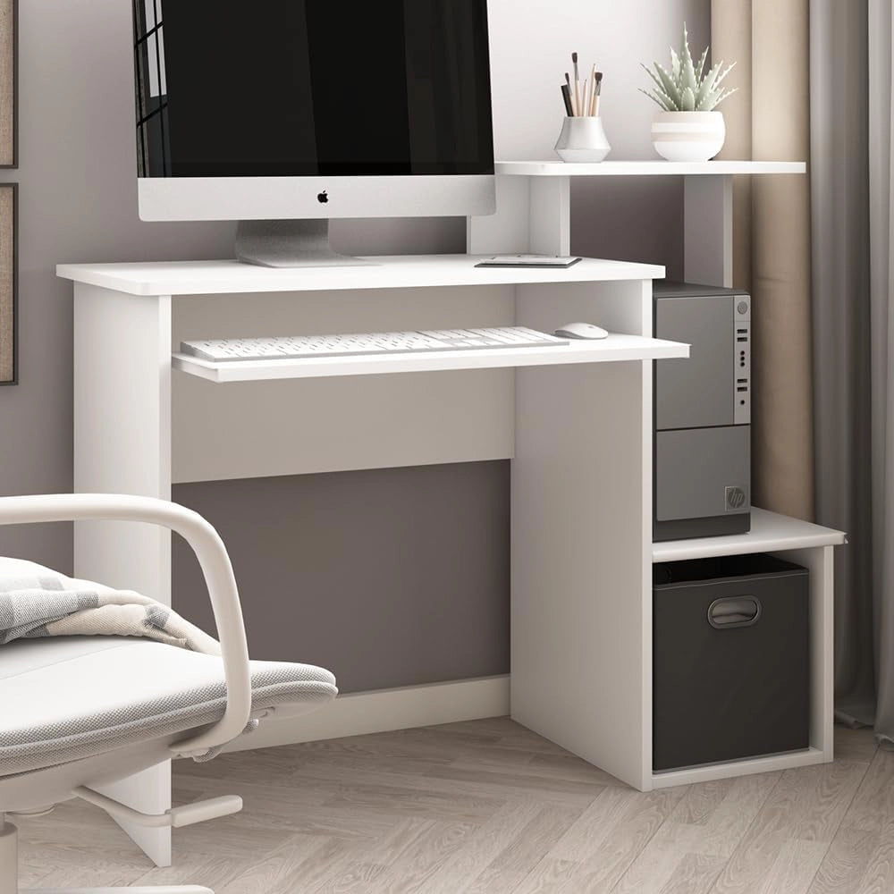Scrivania con ripiani Karl, Bianco, 106 x 40 cm, con vani aperti e ripiano estraibile per tastiera