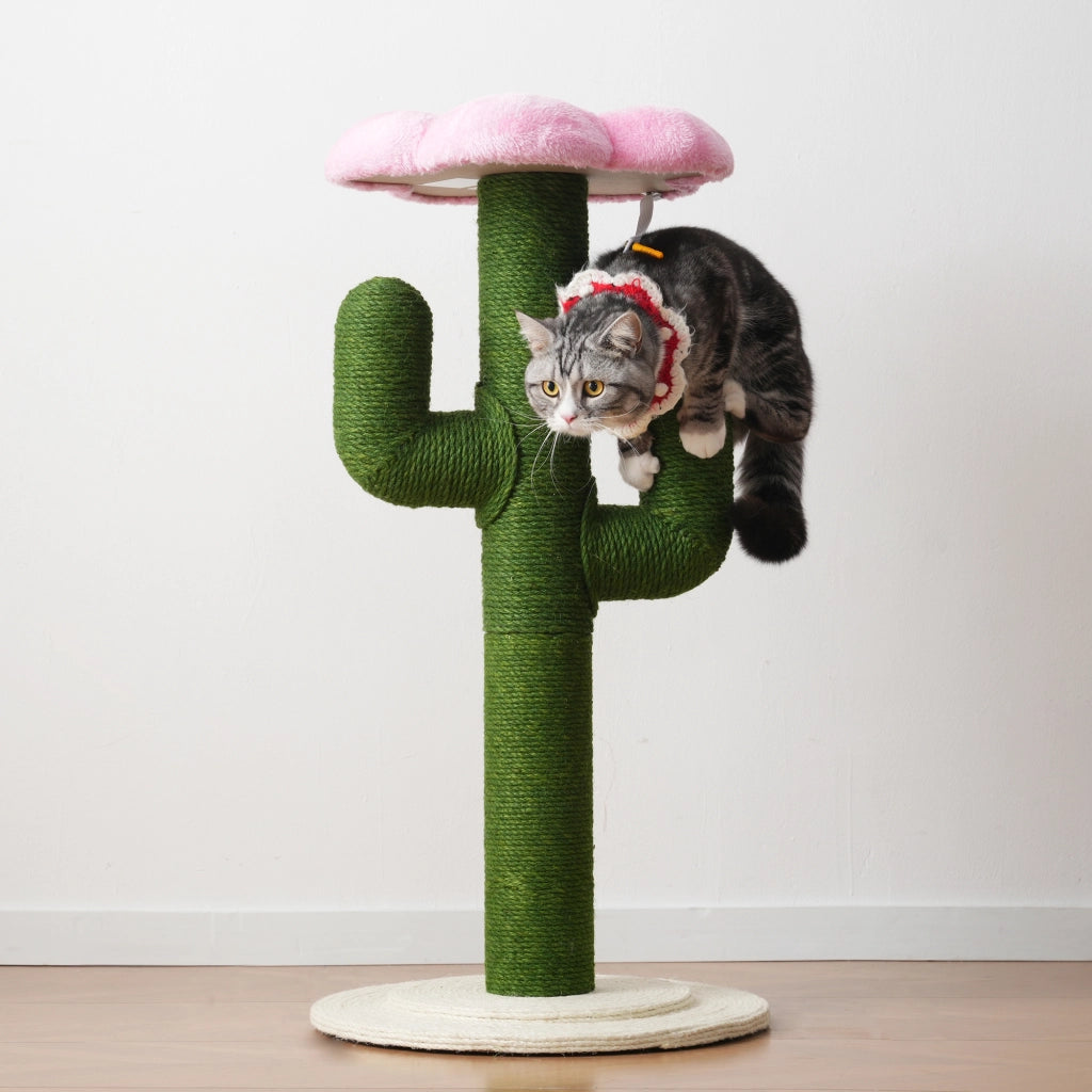 Albero tiragraffi per gatti a forma di cactus, 90 cm, con pali in sisal da 10 cm e protezione antiribaltamento, verde