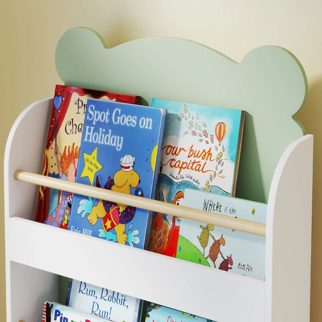 Libreria per Bambini 55x15x110 cm a Forma di Orsetto a 3 Ripiani con Barriere Frontali in MDF e Legno Verde