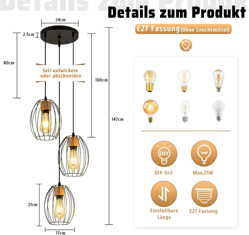 Lampada a sospensione ZMH in metallo nero E27 con 3 luci vintage altezza regolabile lampadina non inclusa