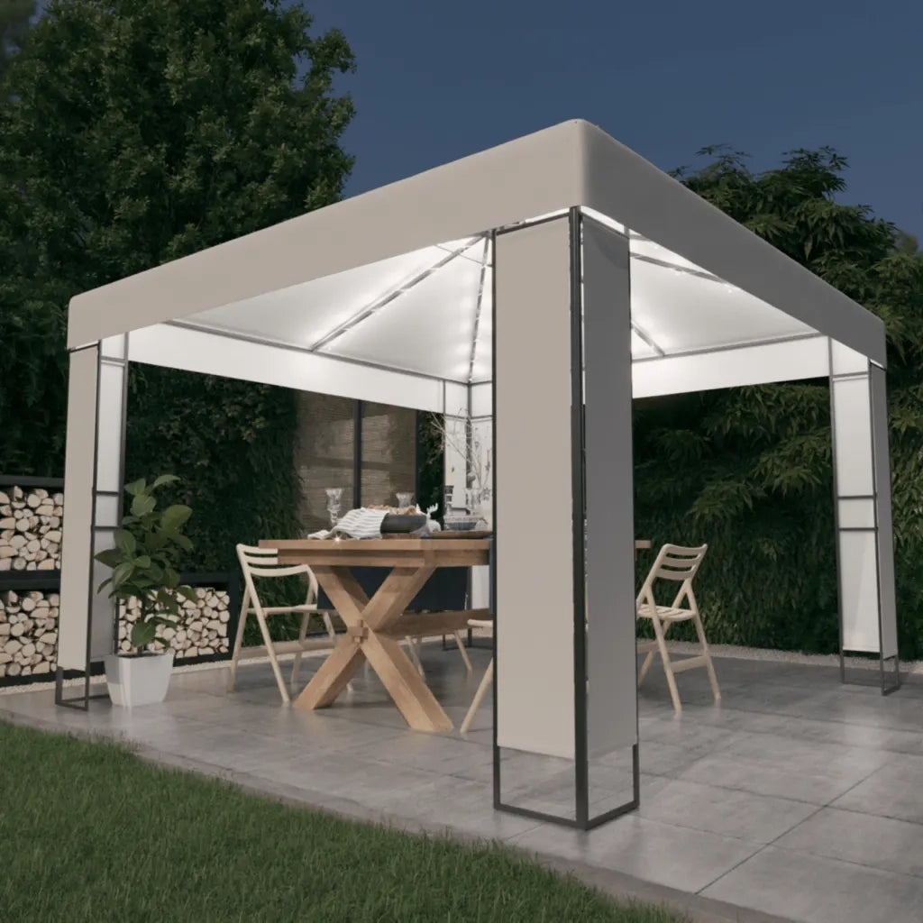 Gazebo | Pergolato con Tetto Doppio e Stringa di Luci LED 3x3 m Bianco