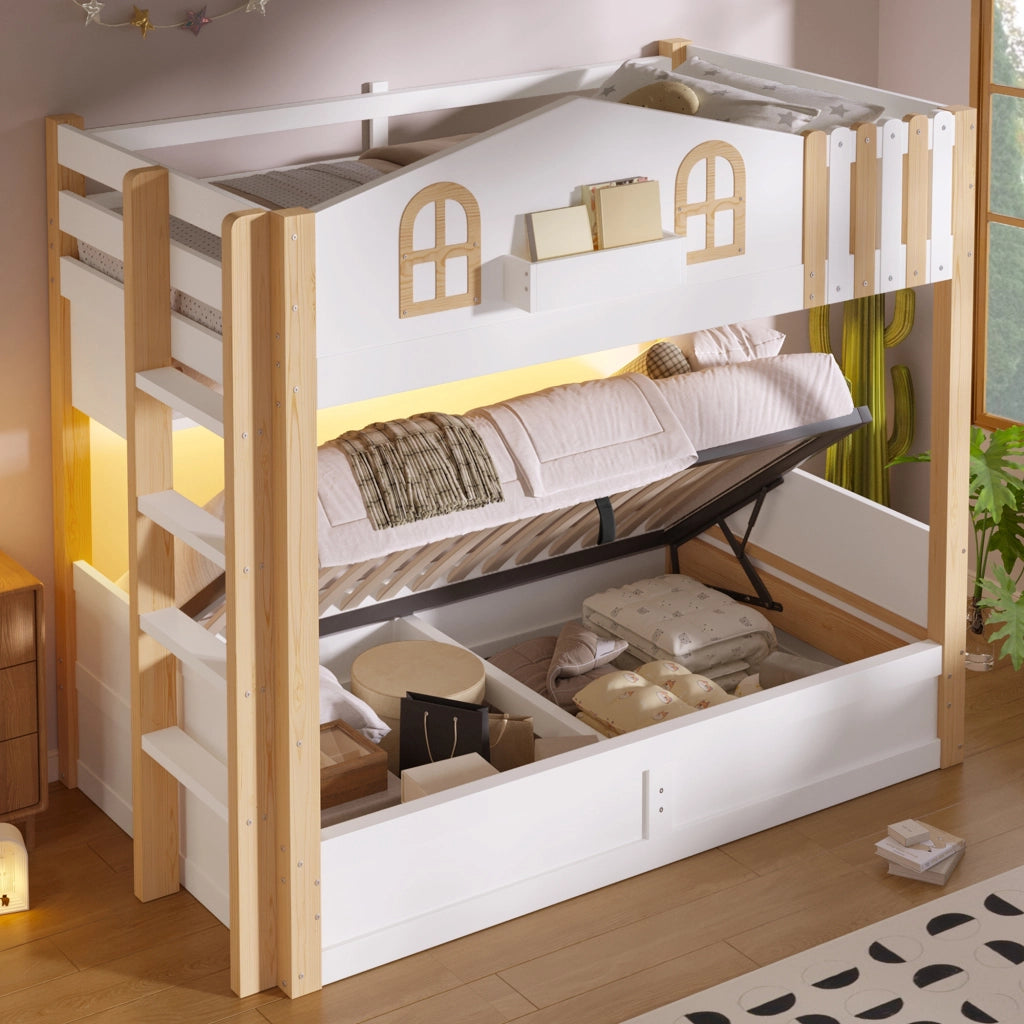LETTO A CASTELLO 90x200 cm in pino massello e MDF, design casetta, bianco/naturale