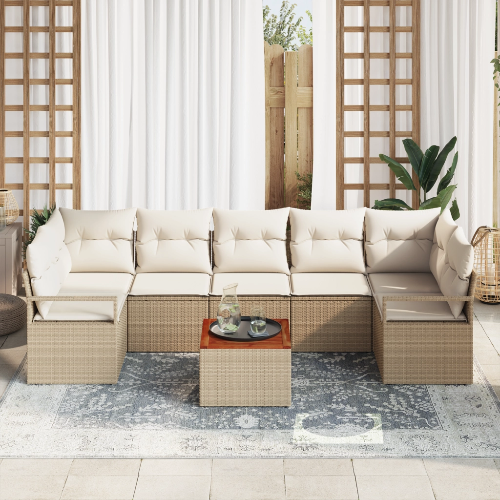 Set divano da giardino 8 pezzi con cuscini beige in polyrattan acacia