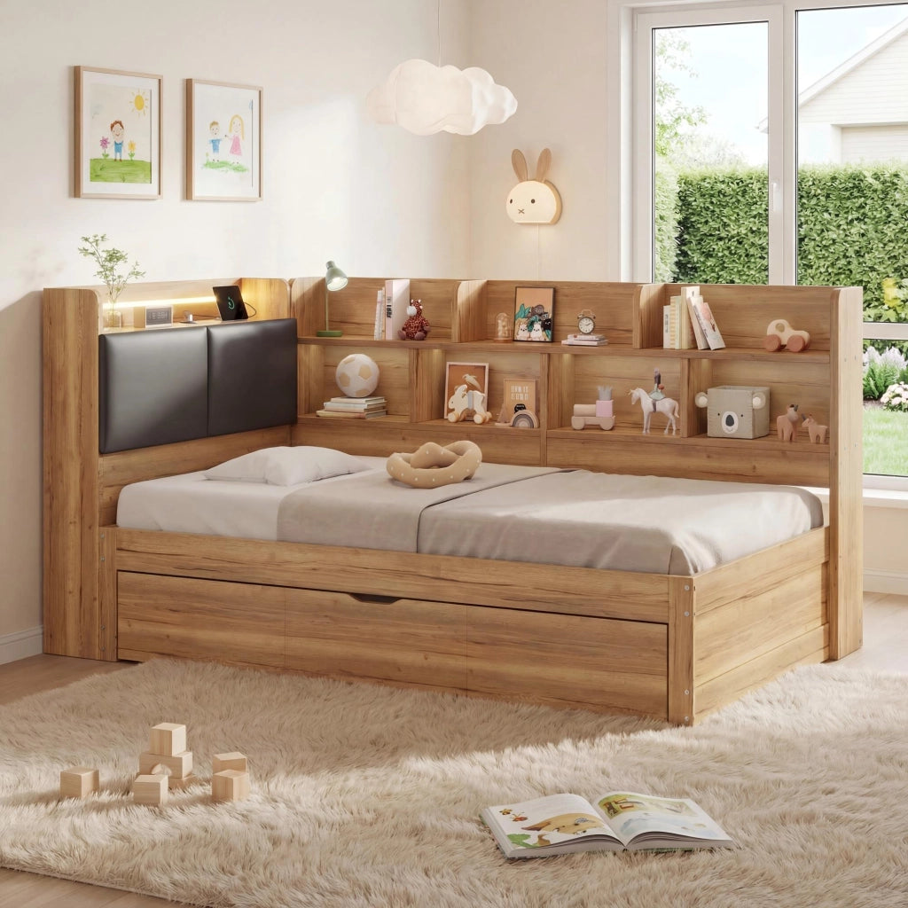 Letto Contenitore Singolo con LED e Letto Estraibile ¨C MINIMAL ¨C Legno Naturale 90x200
