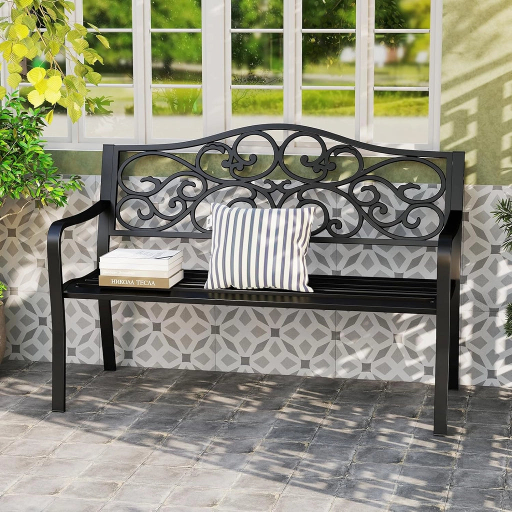 Panchina da Giardino, Panca da Esterno, Panca da Giardino in Metallo, con Schienale Decorato e Braccioli Curvi, per 2-3 Persone, Design a Doghe, per Parco, Cortile, Balcone, Nero