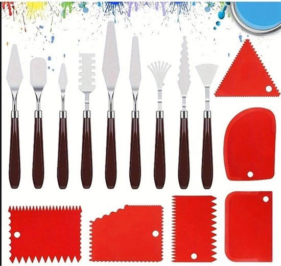 Set di raschiatoi e paletti, set di 15 raschiatoi ad acrilico - 9 paletti in acciaio inossidabile e 6 raschiatoi a lama ondulata in plastica, adatti per pasta di texture, olio, acquarello e altre tipologie di vernici.