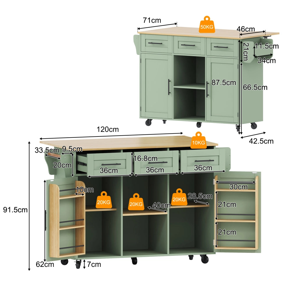 Carrello cucina con piano ribaltabile, contenitore interno e ruote, colore verde antico, 139x46(71)x91,5 cm