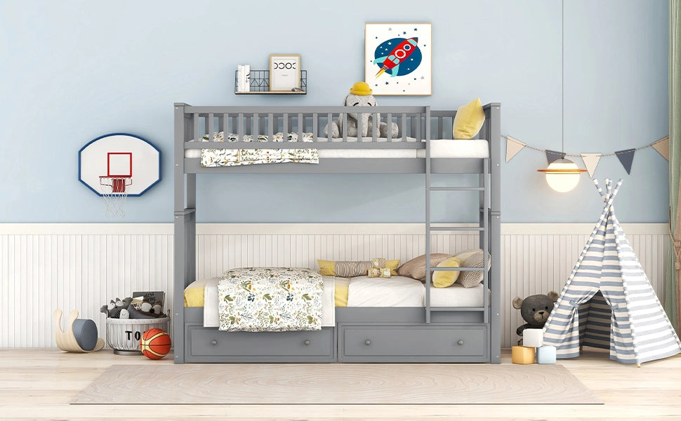 LETTO a castello convertibile 90x200 cm in pino grigio con 2 cassetti