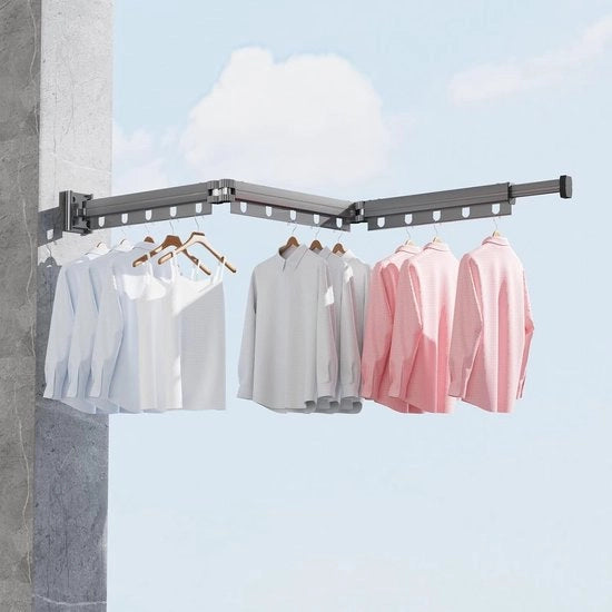 Droogrek extra grande per abbigliamento - Droogrek per parete - Ripiegabile - Senza chiodi o colla - Droogrek spaziale per abbigliamento - Droogrek telescopico per abbigliamento - Nero - Ripiegabile 3 volte + Asta telescopica - Estendibile fino a 126 cm