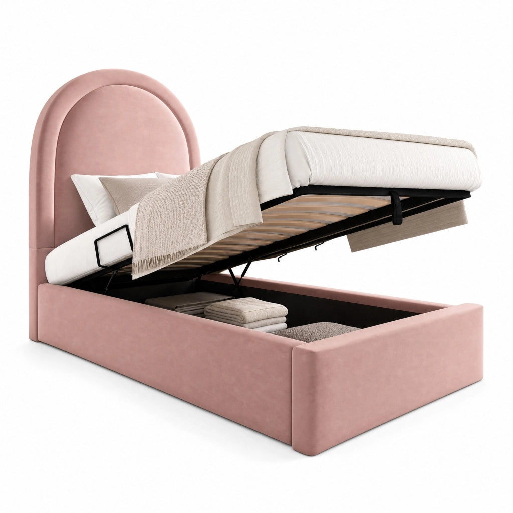 Letto imbottito singolo 90x200 cm in velluto rosa con contenitore idraulico, senza materasso