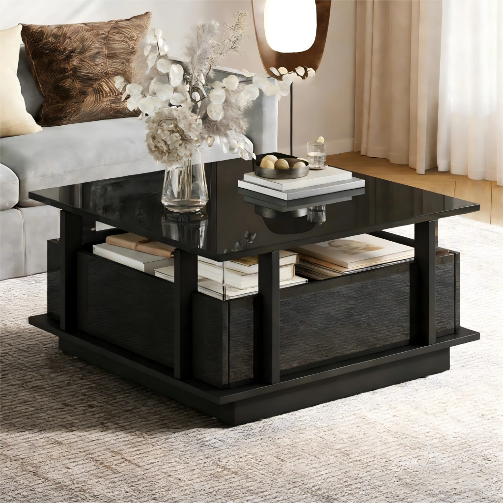 Tavolino da salotto nero lucido 70x70 cm con luci LED e 2 cassetti