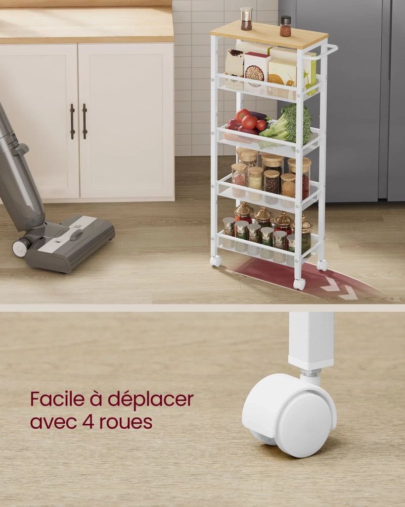 Carrello di servizio ripiano portaoggetti mobile design sottile ruote girevoli a 360° struttura in metallo per cucina soggiorno ufficio bianco 12_0005291